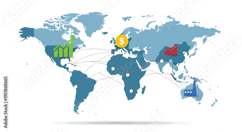 Vector world map with 4 colored location markers