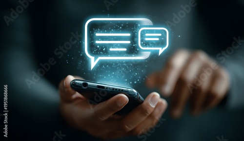 Person holding a sleek modern smartphone interacting with vibrant glowing blue digital chat bubble icons floating above the device representing online communication instant messaging in a da