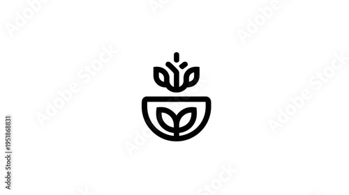 Minimalist line art icon depicting a plant with leaves growing from a bowl or pot, symbolizing growth, nature, and organic concepts.