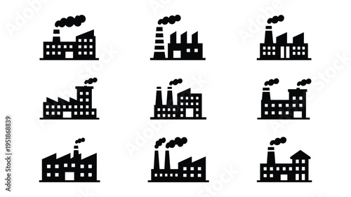 Industrial factory building icons set with smoke stacks representing manufacturing and energy production