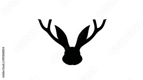 Minimalist black silhouette icon of a mythical horned rabbit, a folklore creature with antlers and long ears