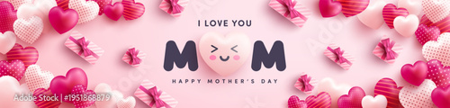 Mother's Day Poster or banner with many sweet hearts and on red background.Promotion and shopping template or background for Love and Mother's day concept.Vector illustration eps 10