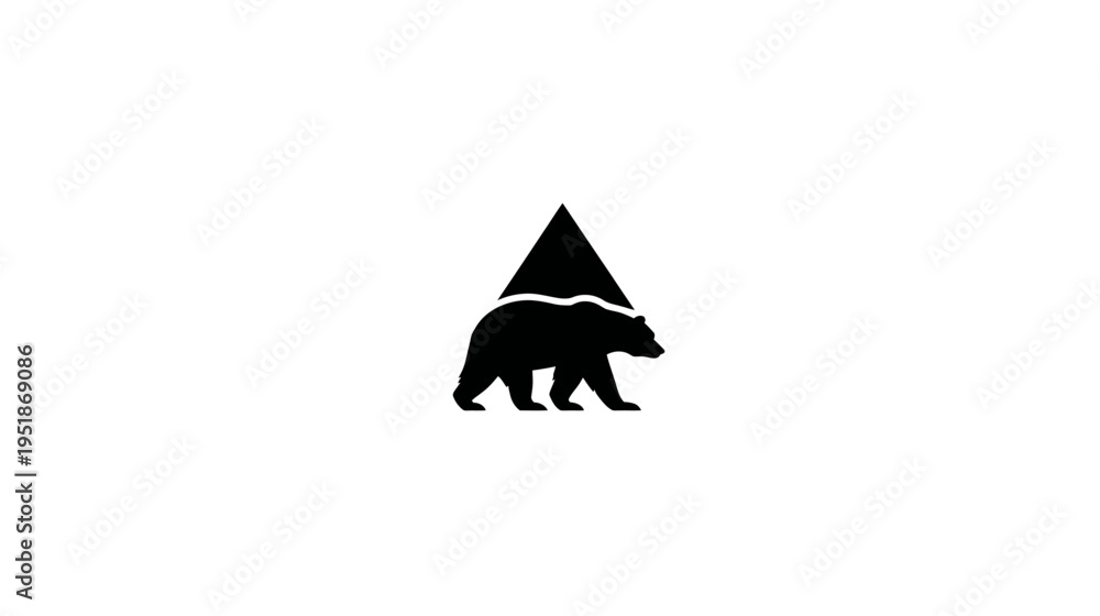 Fototapeta premium Abstract minimalist black bear silhouette with a triangular shape above its back, walking on a white background. Nature-inspired graphic design.