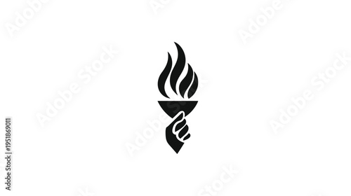 Simple black icon of a hand holding a fiery torch, symbolizing light, freedom, and knowledge on a white background