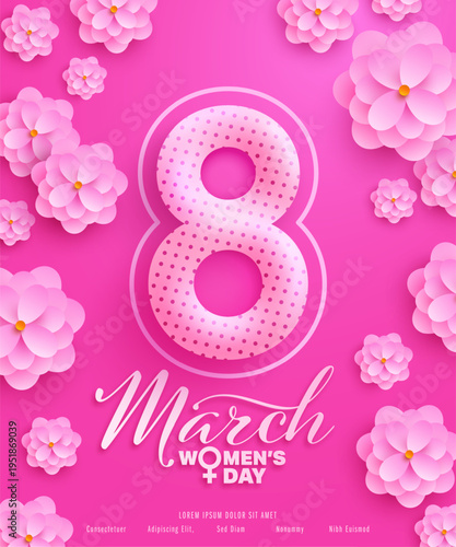 8 march women's day Poster or banner with sweet flowers on pink background.Promotion and shopping template or background for Love and women's day concept