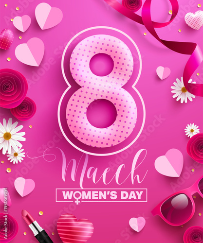 8 march women's day Poster or banner with flower and sweet hearts on pink background.Promotion and shopping template or background for Love and women's day concept