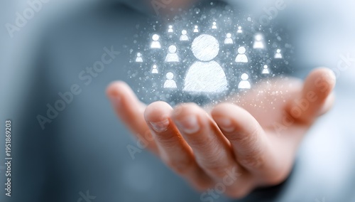 A human hand gently holds a vibrant glowing digital network of connected people icons with a prominent central figure representing community social media or human resources concepts in an ab