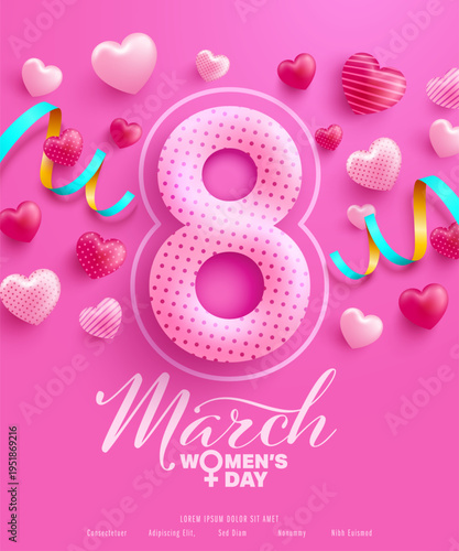 8 march women's day Poster or banner with sweet hearts on pink background.Promotion and shopping template or background for Love and women's day concept