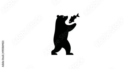 Black silhouette of a standing bear catching and eating a fish, isolated on a white background, wildlife predator graphic.