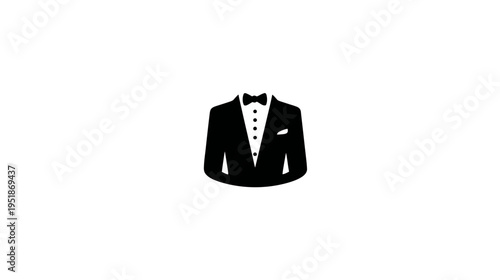 Elegant black tuxedo suit icon with bow tie and pocket square on white background. Formal menswear fashion graphic illustration.