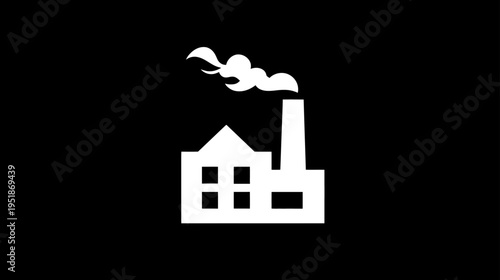 White factory building icon with smoking chimney on a black background, industrial manufacturing concept illustration.