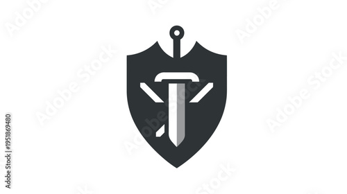 Dark shield and sword emblem with a stylized cross sword, symbolizing protection, security, strength, defense, and power