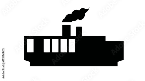 Factory building silhouette with smoke icon. Industrial facility symbol for manufacturing, production, and environmental impact.