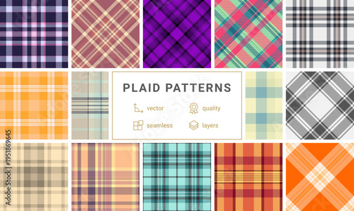 Color rich plaid pack made creative merchandise. Vibrant tartan options energize mugs, bags, prints. Vector format suits mass production.