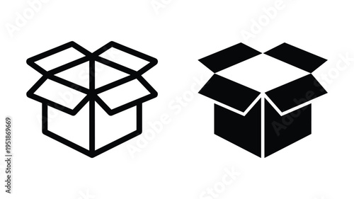 Open cardboard box delivery icon in outline and solid black silhouette styles