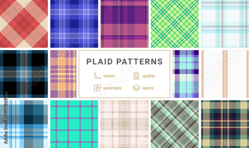Plaid collection adapted for modern childrens fashion. Traditional tartan patterns meet playful styling workflows. Seamless vectors ensure usability.