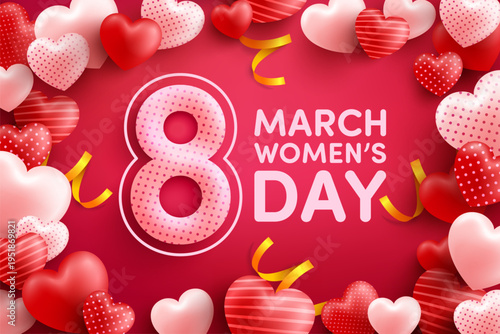 8 march women's day Poster or banner with many sweet hearts and smart phone on pink background.Promotion and shopping template or background for Love and women's day concept