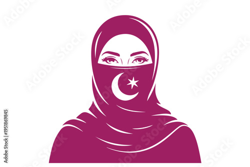 Purple silhouette of muslim woman wearing traditional niqab with crescent moon and star symbol on transparent background representing islamic identity religious culture and feminine modesty
