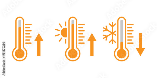 Orange thermometers showing temperature changes with sun and isolated on transparent background
