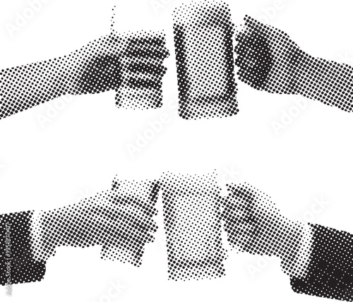 Halftone illustration of people hands clinking glasses filled with drinks in a celebration scene