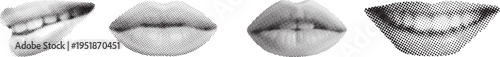 Halftone pattern graphic illustration of a pair of human lips in four different compositions