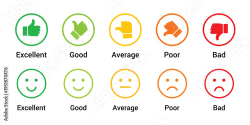 Five levels of feedback with thumbs up down and smiley faces isolated on transparent background