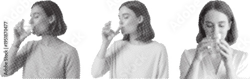 Halftone portrait of a young woman taking a sip from a glass isolated on transparent background