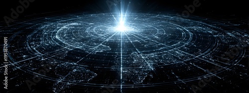 A luminous digital network spreads across a dark abstract globe showing interconnected points and flowing lines with a brilliant central light symbolizing global communication and data techn