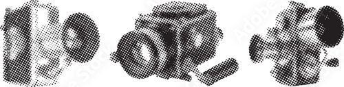 Three vintage mechanical engine parts rendered in a halftone dot pattern isolated on transparent background