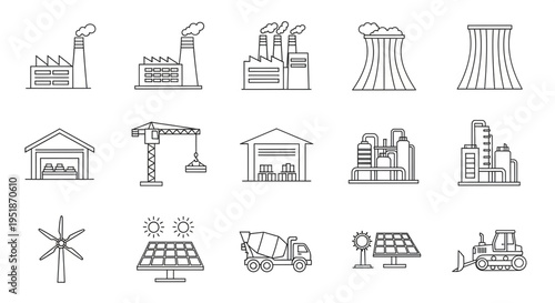 A set of industrial and renewable energy icons in a flat minimal style