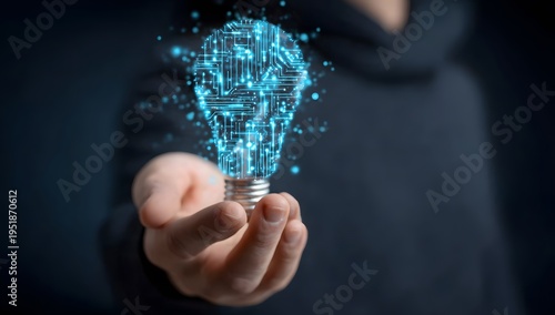 A human hand gently holds a glowing blue light bulb conceptualized as a digital circuit board with bright sparkling particles against a dark mysterious background representing innovative ide