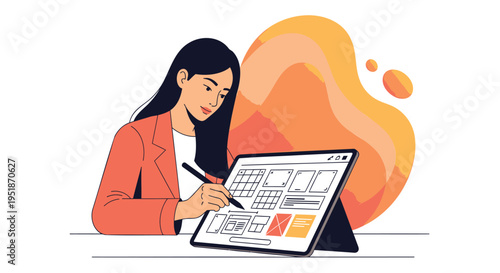 Vector illustration of woman working on tablet with stylus