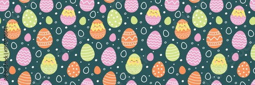 Easter seamless pattern with cute chicks and eggs. Colourful background in cartoon style. Vector illustration.
