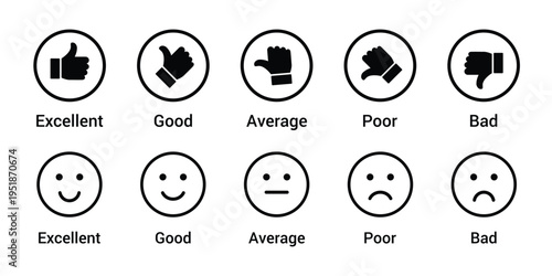 Thumbs up down icons and smiley face ratings isolated on transparent background