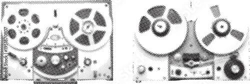 Vintage reeltoreel audio tape recorder with spools and controls in monochrome halftone pattern