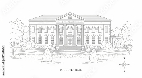 A minimalist line art illustration of Founders Hall building
