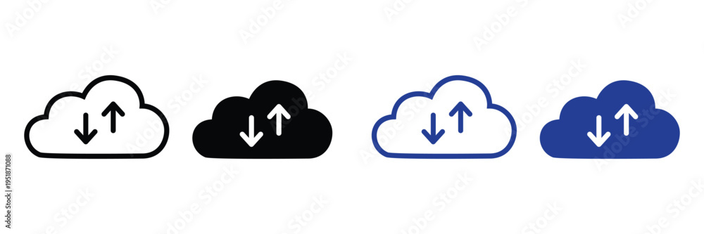 Obraz premium Four cloud icons with up and down arrows isolated on transparent background