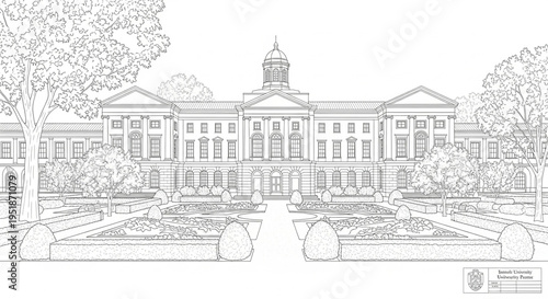 A detailed line art illustration of a large university building with a garden