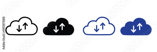 Four cloud icons with up and down arrows isolated on transparent background