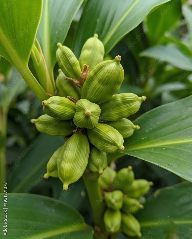 Obraz premium Close up of unripe green cardamom seed pods growing on a plant stem with lush leaves, a botanical detail of the spice, close up