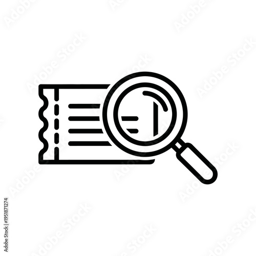 Ticket Inspection with Magnifying Glass, Detailed Examination, Black Icon
