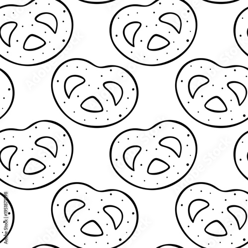 Shortbread cookies in the shape of a pretzel cracker, simple black and white pattern. Minimalist vector illustration for bakery, snack packaging or culinary graphics