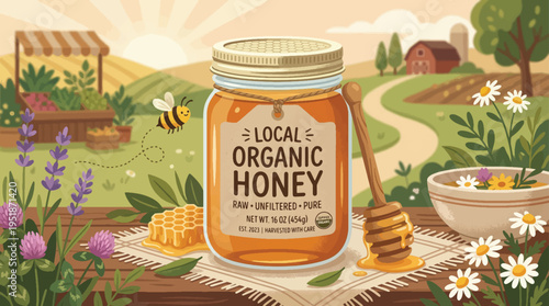 Local Organic Honey Jar with Dipper and Bee in Rural Farm Landscape Vector Illustration