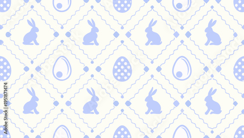 Pastel blue and cream repeating pattern of rabbits and easter eggs