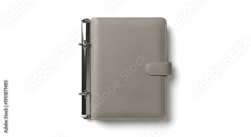 A gray leather bound journal with a metal clasp and ring binding on a white background