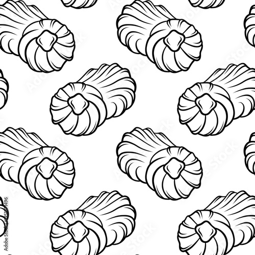 Black and white pattern of kurabie shortbread cookies with jam filling. Simple vector graphic for ethnic bakery branding, food labels or recipe cards