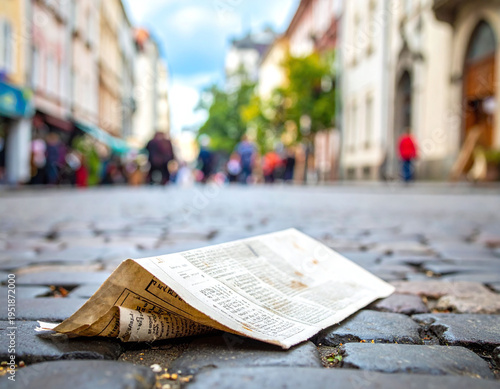 Forgotten news on a cobblestone street a discarded newspaper lies in focus while city life blurs behind. A metaphor for fleeting information and urban waste in a vibrant town setting.