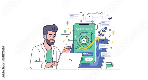 Vector illustration of man working on laptop with app icons and graphs