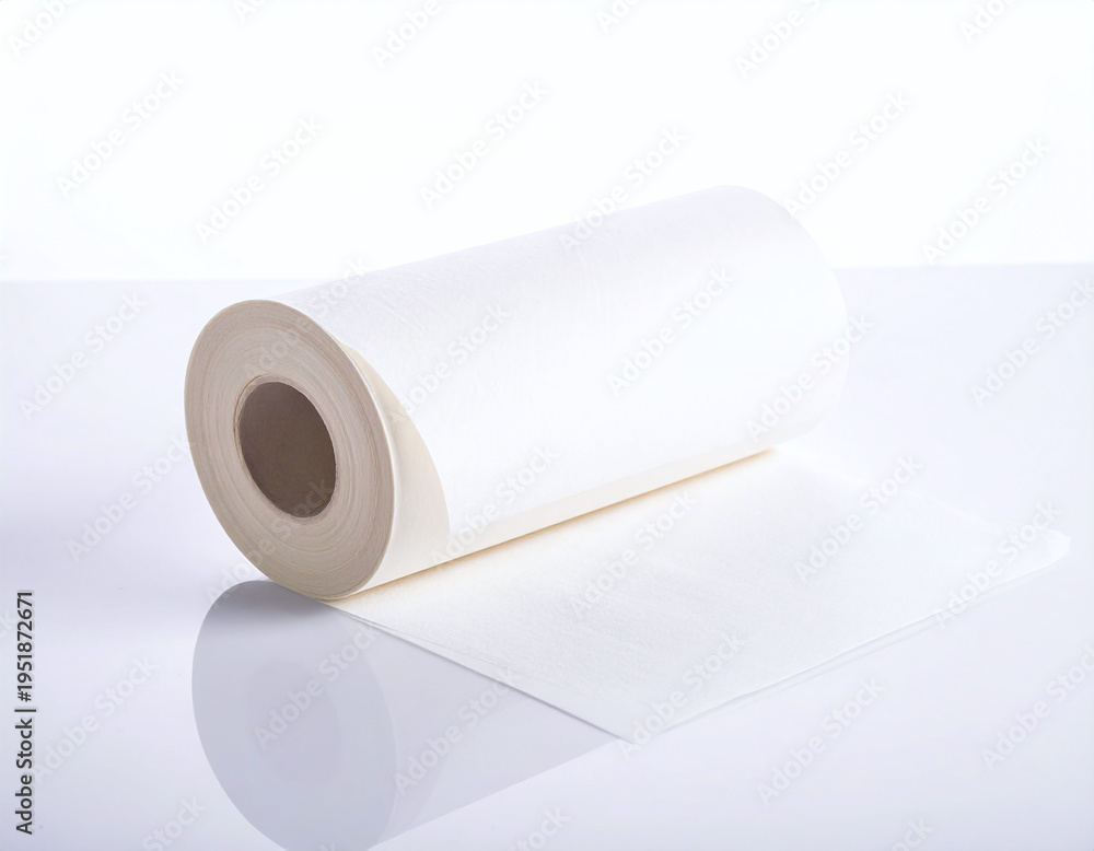 Fototapeta premium Pristine white roll of absorbent nonwoven fabric or soft paper towel on a reflective surface. Ideal for hygiene, medical, and professional cleaning concepts in a minimalist studio style.