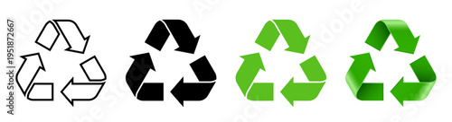 Recycling Icon Set, Green and Black Solid, 3D and Outline Eco icons Isolated on White Background	